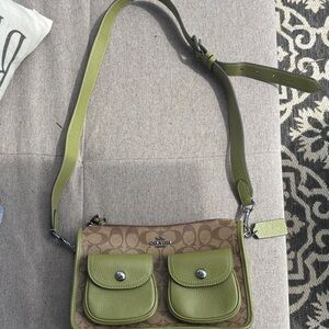 Coach Olive & Signature Brown Two-Pocket Crossbody Bag